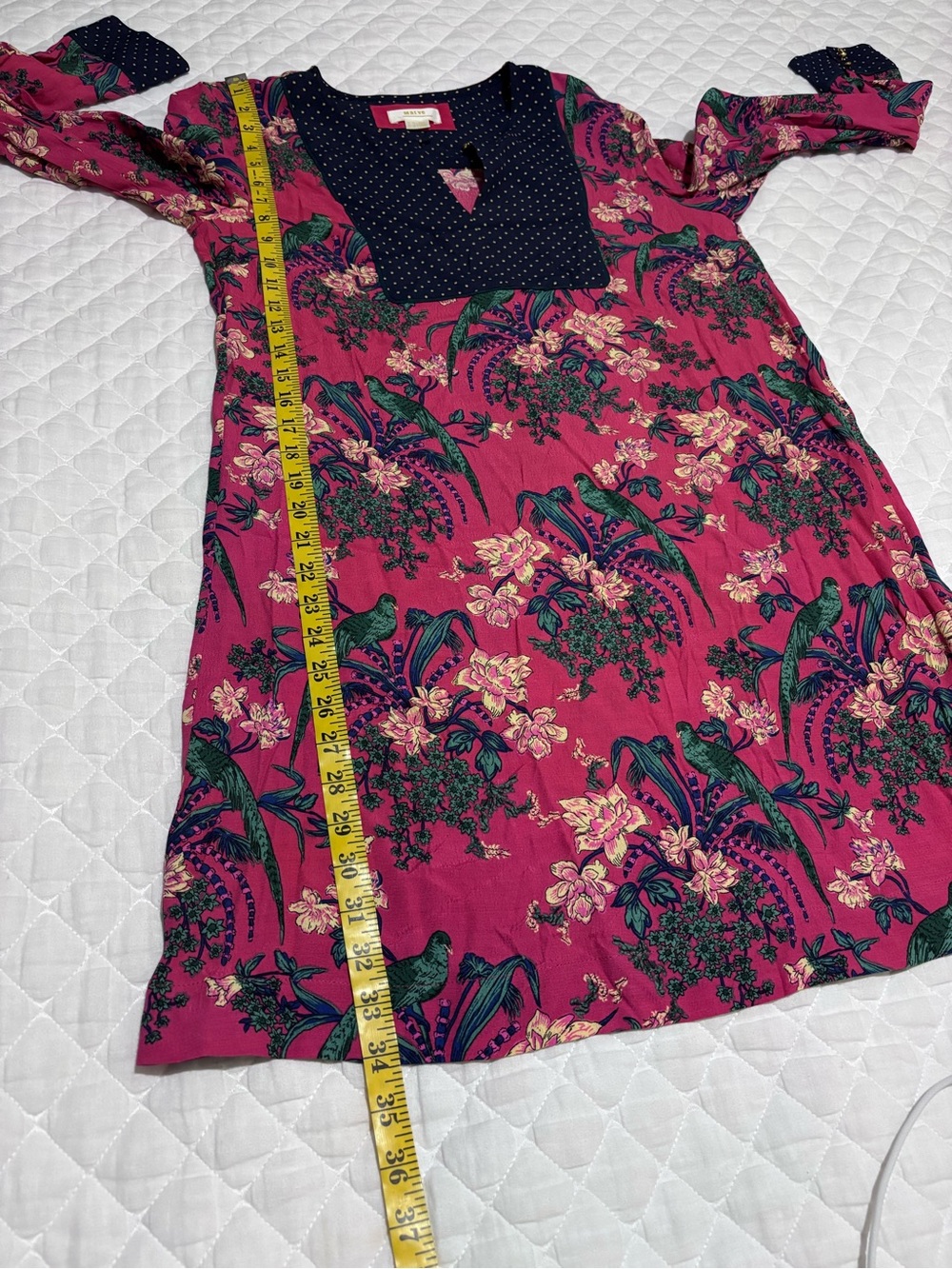 Anthropologie Maeve Fuchsia Floral Mini Dress with Navy Polka-Dot Bib Size 6 - Picture 6 of 10